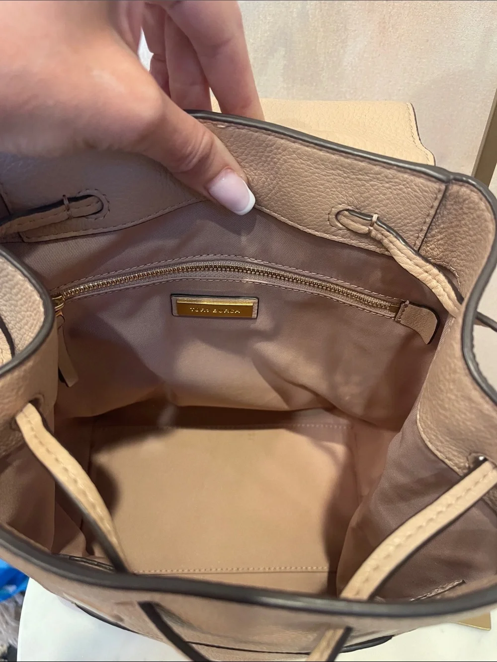 Tory Burch Pebbled Leather Tassel Backpack in Light Beige